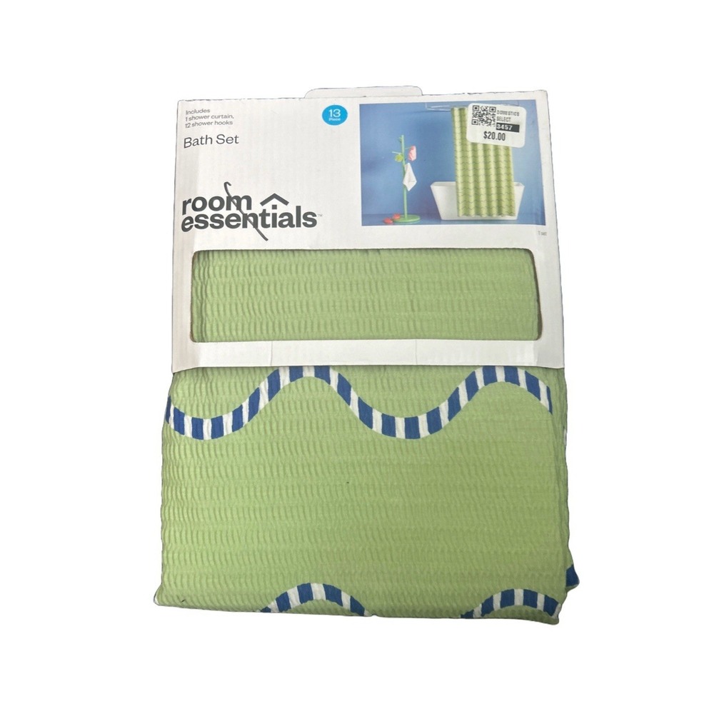 Bath Shower Curtain Room Essential Green With Blue Stripes (no Hooks)
